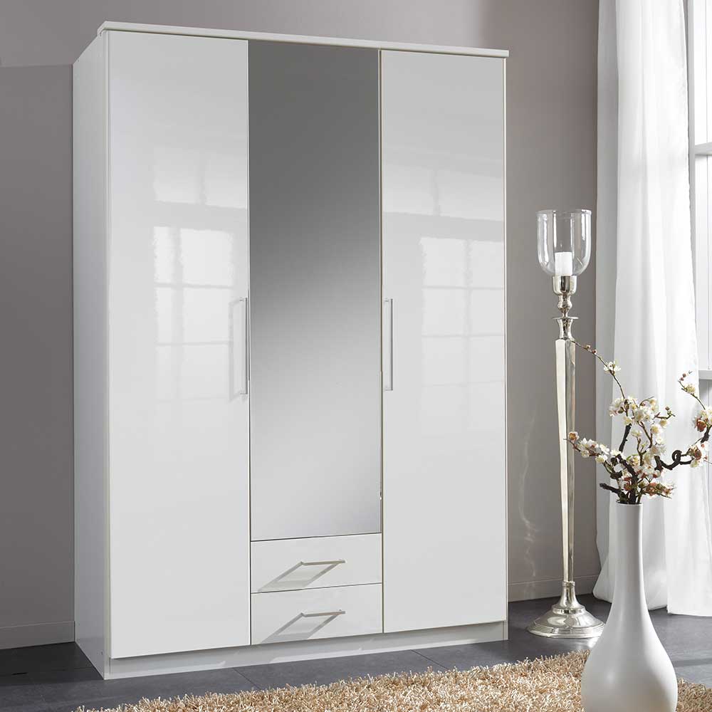 Star Möbel Kleiderschrank Hochglanz in Weiß zwei Schubladen und Spiegel