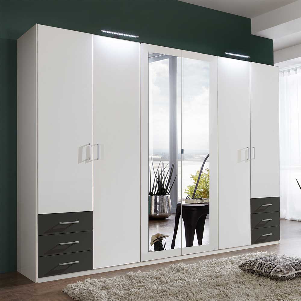 Star Möbel XL Schlafzimmerkleiderschrank in Weiß und Dunkelgrau Spiegeltüren