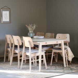 TopDesign Komplette Essgruppe in Holz White Wash und Hellgrau sechs Stühlen (siebenteilig)