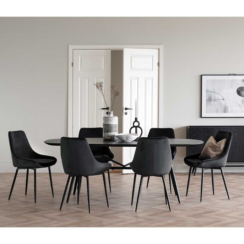 TopDesign Esszimmer Sitzgruppe in Schwarz Samt sechs Stühle (siebenteilig)