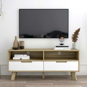 iMöbel 140 cm breite TV Bank in Weiß und Sonoma Eiche zwei Schubladen