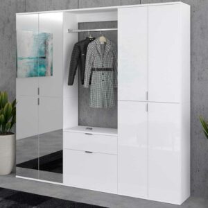 Möbel4Life Dieleneinrichtung in Weiß Hochglanz Spiegel und Kleiderstange (dreiteilig)