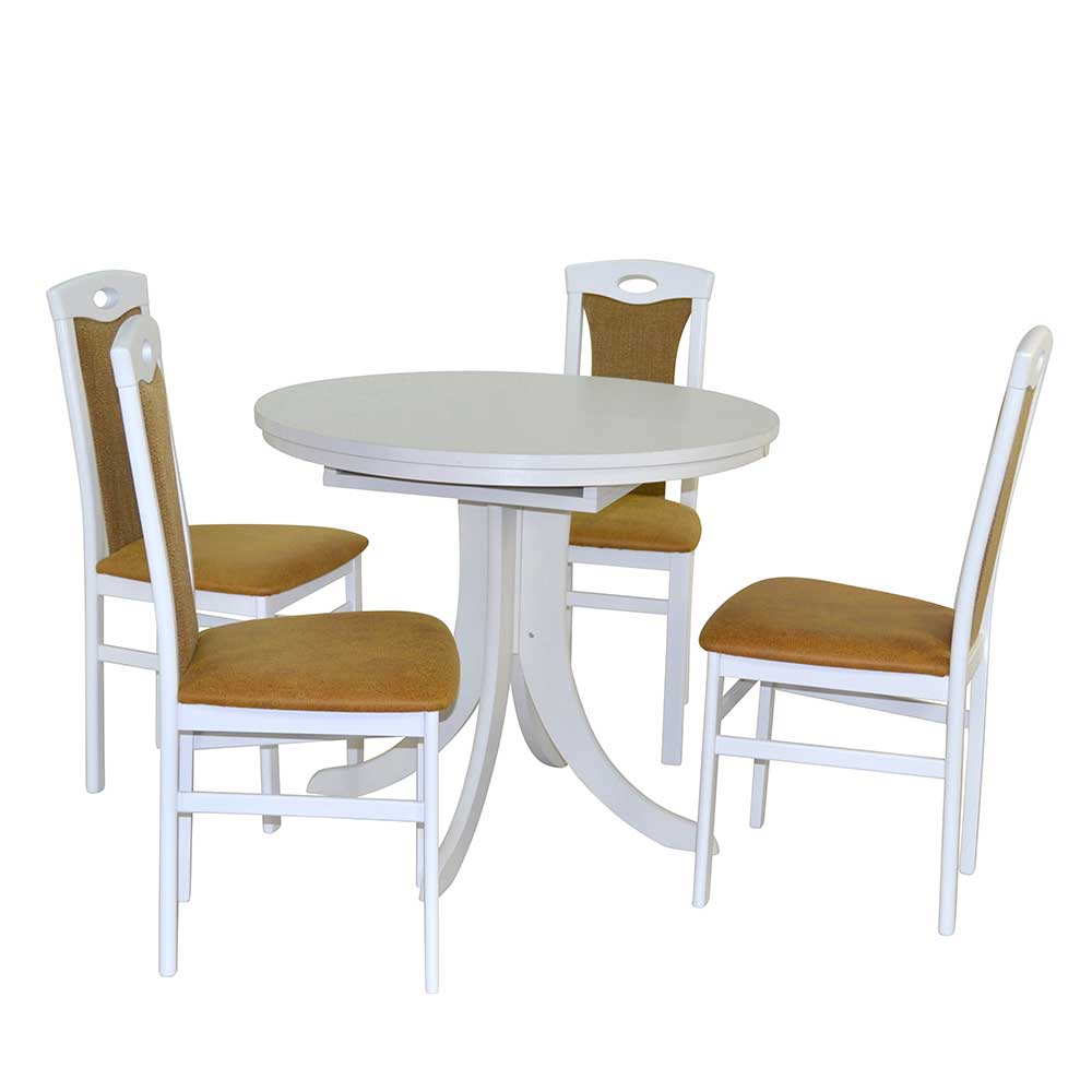 Möbel4Life Esszimmer Weiß Bezüge in Ocker Gelb Tisch ausziehbar (fünfteilig)