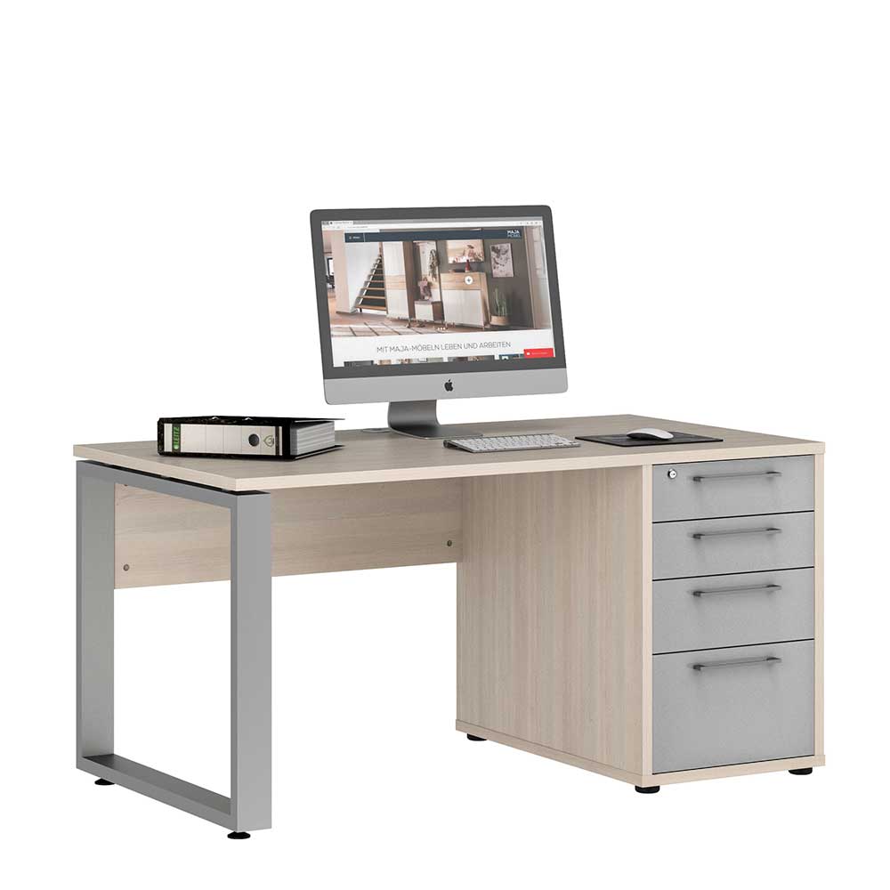 Müllermöbel Büro Computertisch in Holz White Wash und Hellgrau Hochglanz vier Schubladen