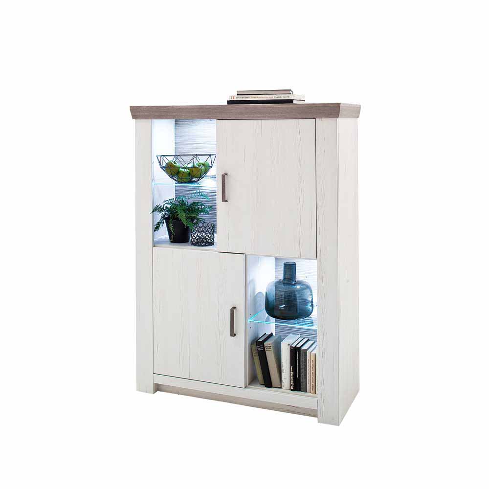 TopDesign Highboard in Pinie Weiß Eiche LED Beleuchtung