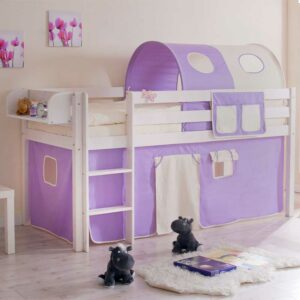 Massivio Kinderbett mit Tunnel und Vorhang in Lila Beige halbhoch