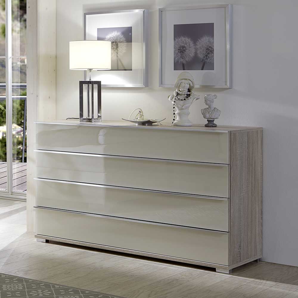 Franco Möbel Schubladen Sideboard in Creme Weiß Glas beschichtet Eiche Sägerau