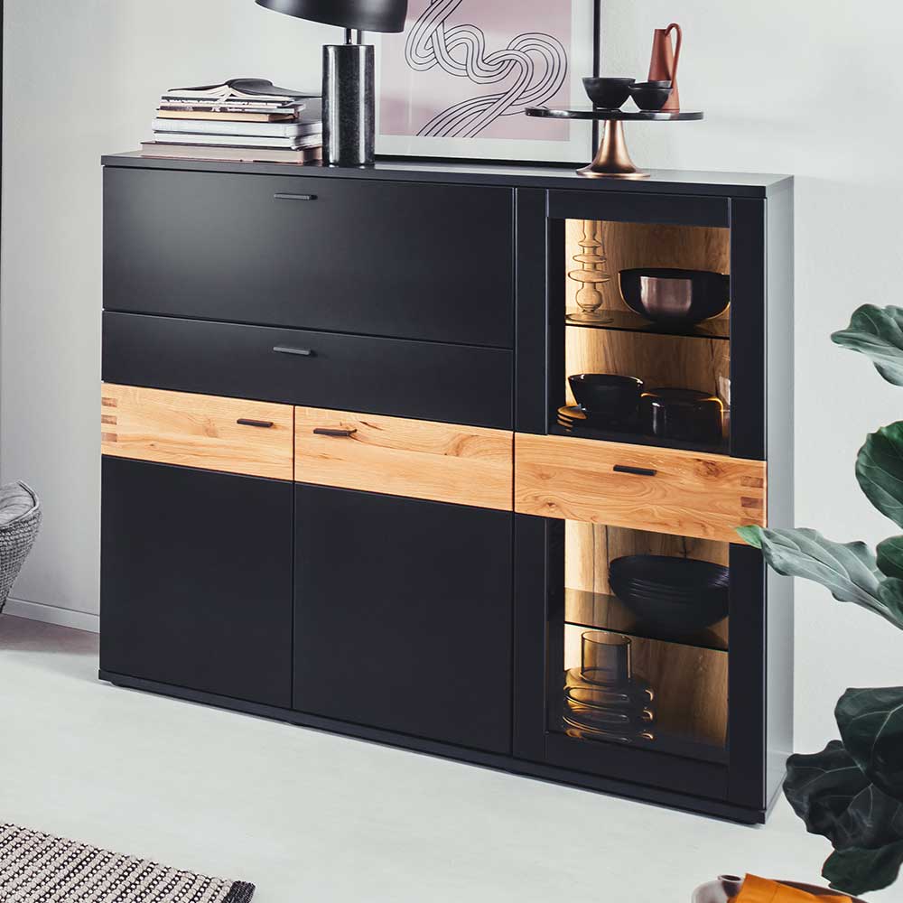 TopDesign Hochwertiges Esszimmer Highboard in Wildeichefarben Schwarzgrau