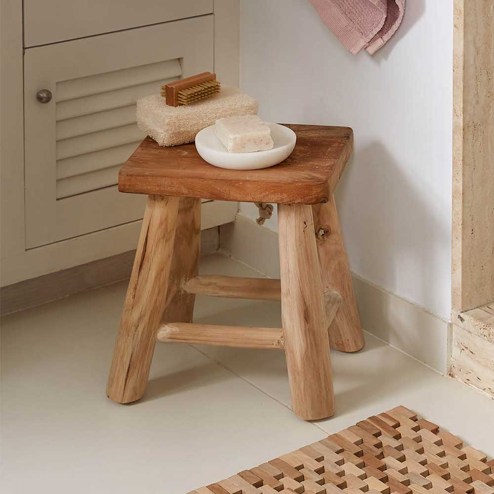 4Home Kleiner Teak Holzhocker im Landhausstil 30 cm Sitzhöhe