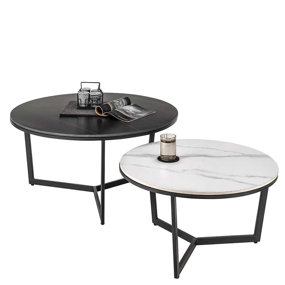 Möbel4Life Wohnzimmer Tisch Set rund in Schwarz und Weiß Keramikplatte (zweiteilig)