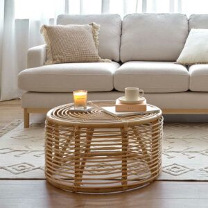 4Home Rattan Geflecht Couchtisch in Beige 66 cm Durchmesser