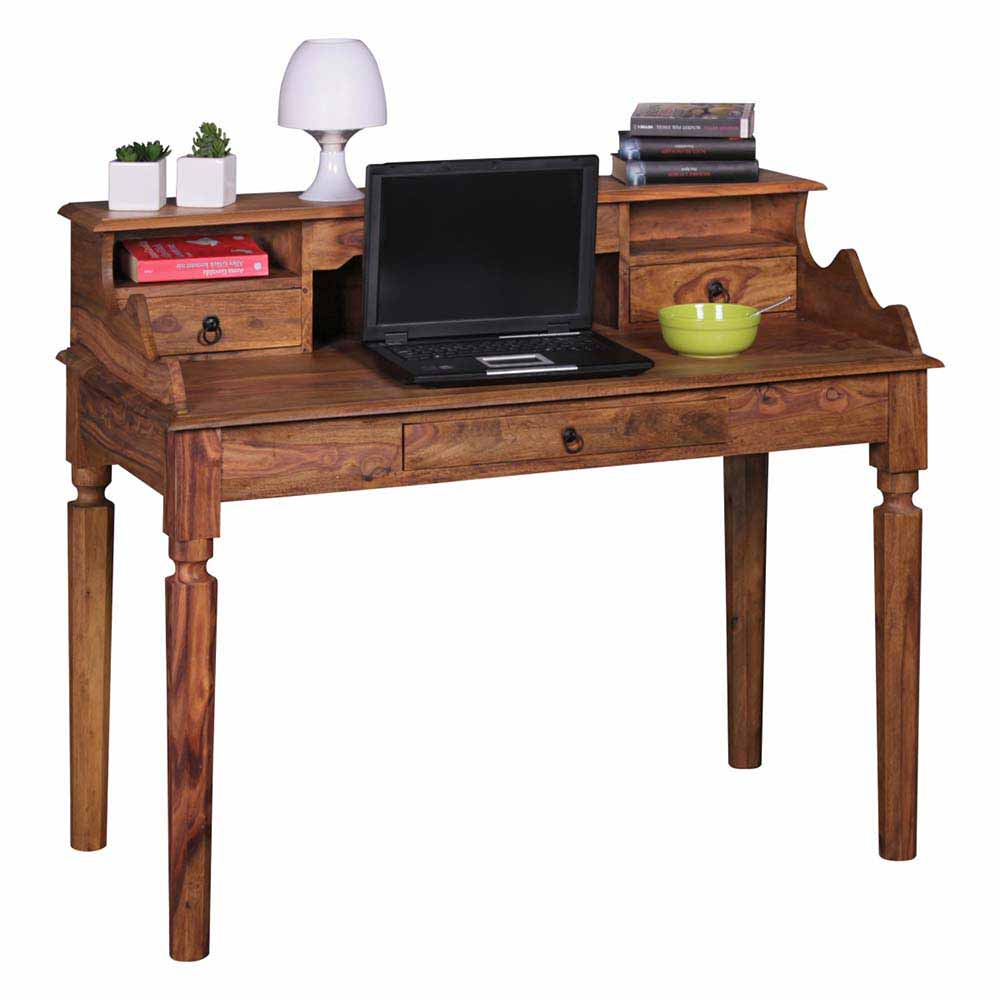 Möbel4Life PC Tisch aus Sheesham Massivholz mit Aufsatz