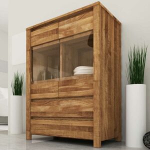 Basilicana Esszimmer Highboard aus Wildeiche massiv geölt Glas