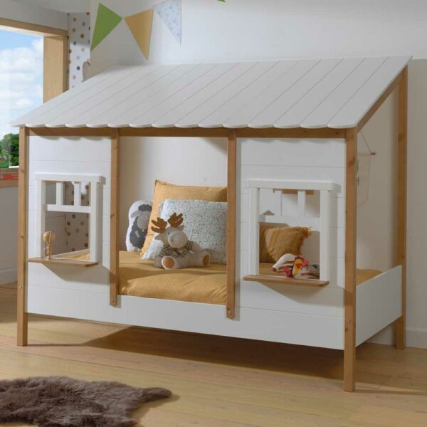 4Home Kinderzimmer Hausbett mit Fenstern Weiß & Eichefarben