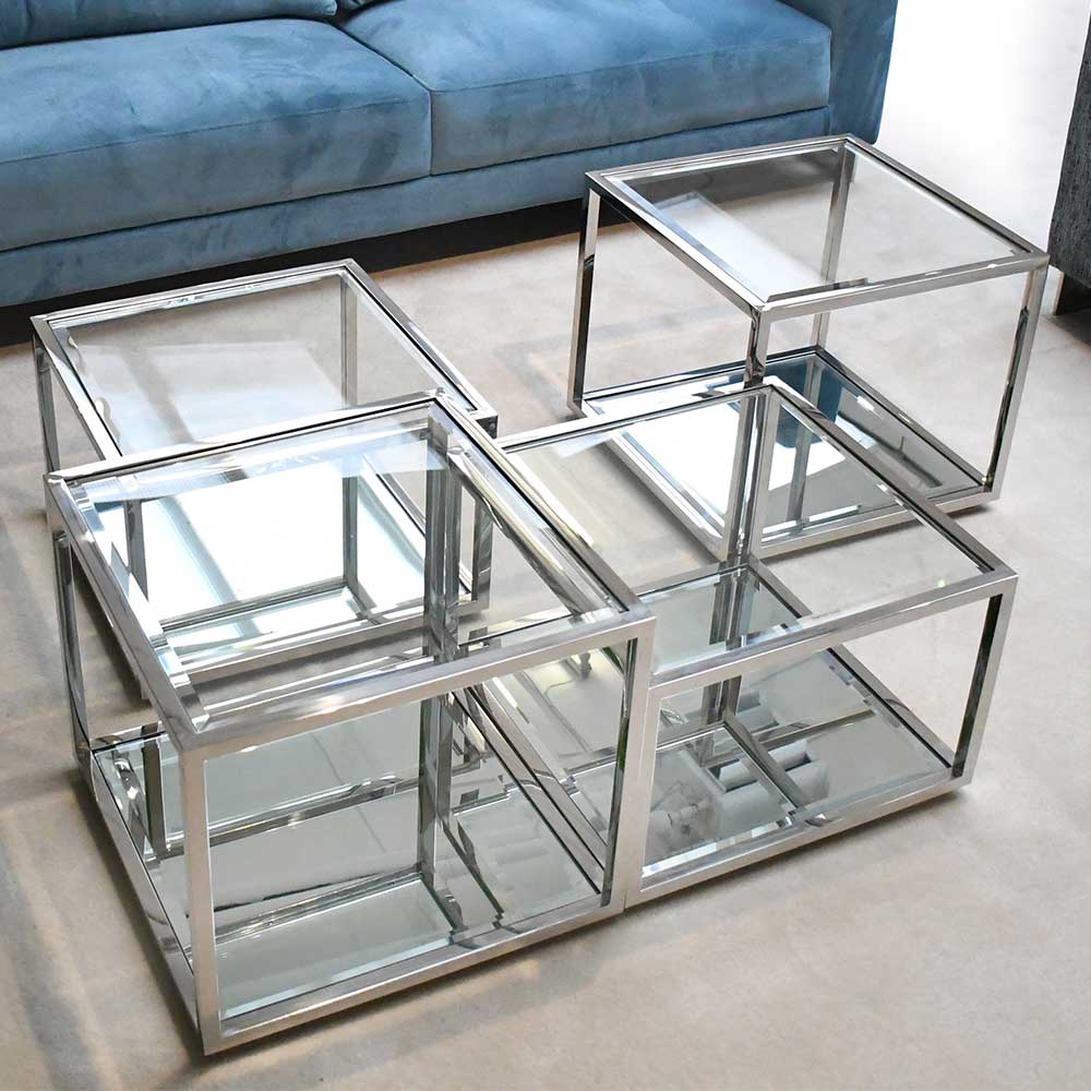 Rubin Möbel Moderne Couchtische aus Glas und Edelstahl Bügelgestell (vierteilig)