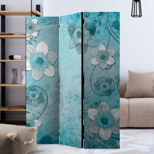 4Home Trennwand Paravent mit Blumen Motiv Blau