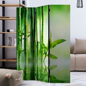 4Home Paravent Raumteiler in Grün und Weiß Asien Zen Motiv Bambus