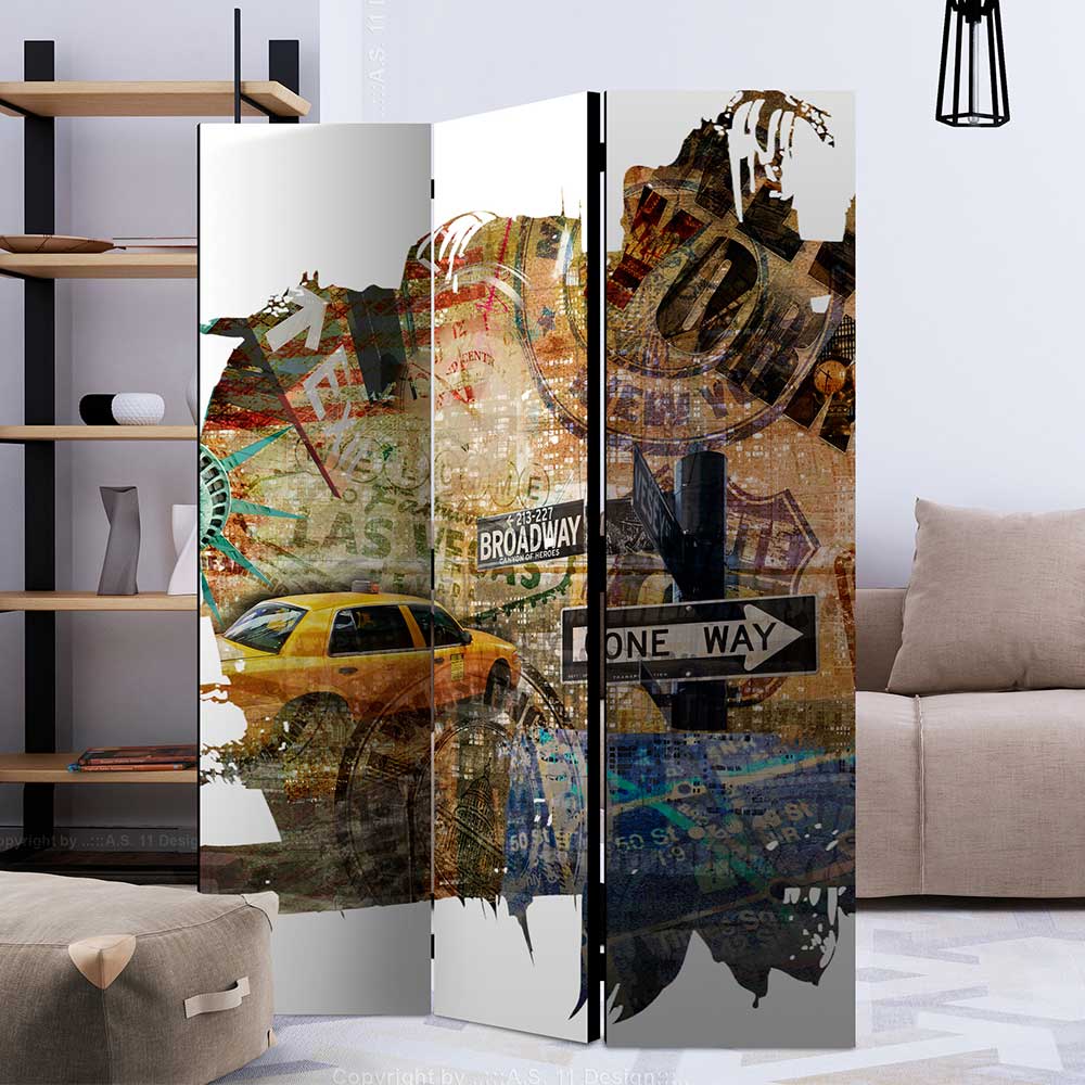 4Home Raum Trennwand mit NEW YORK Collage Leinwand und Fichte
