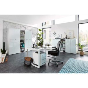 Möbel Exclusive Komplett Büro Einrichtung in Weiß Glas beschichtet (achtteilig)