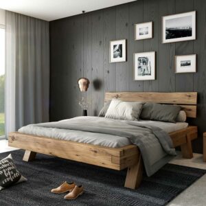 Homedreams Balken Doppelbett aus Asteiche Massivholz 38 cm Einstiegshöhe