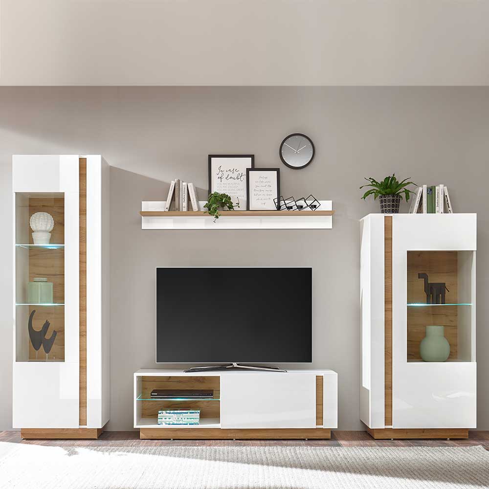 Brandolf Skandi Design Wohnwand in Weiß und Wildeiche Optik 270 cm breit (vierteilig)