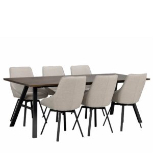 TopDesign Esszimmergarnitur in Wildeiche dunkel furniert Beige Webstoff (siebenteilig)