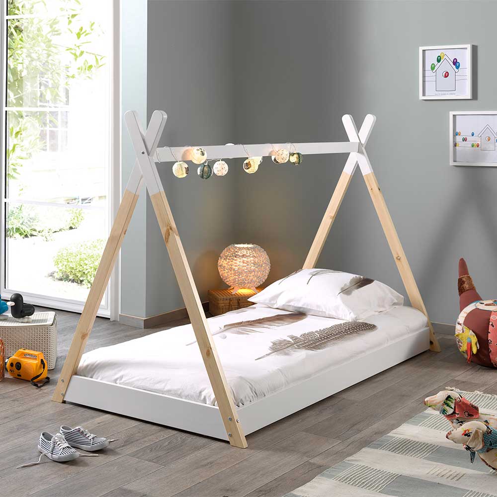 4Home Kinderzimmer Bett im Tipi Zelt Design Weiß Kiefer massiv