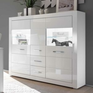 Brandolf Wohnzimmer Highboard in Hochglanz Weiß und Glas 150 cm breit