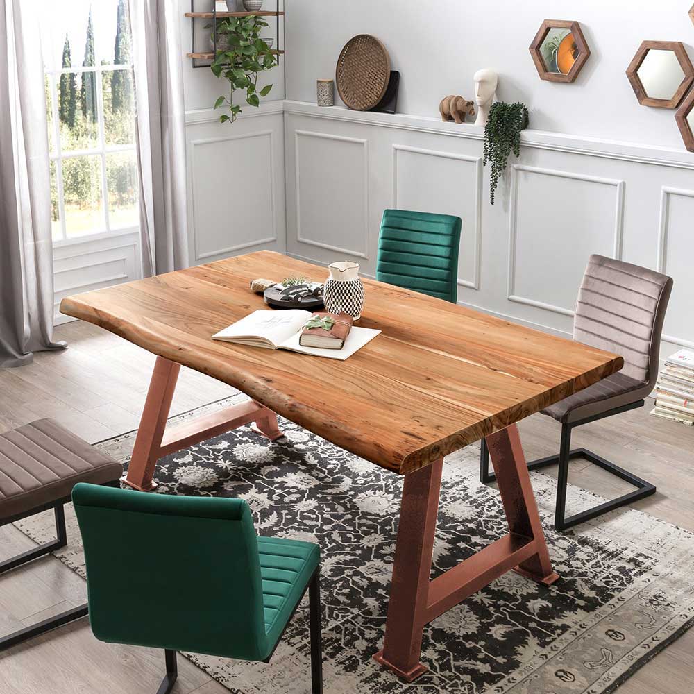 Möbel Exclusive Baumkantentisch aus Akazie Massivholz Metall in antik Braun