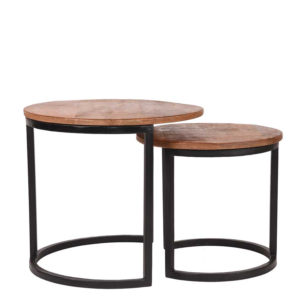 Möbel Exclusive Zweisatztisch aus Mangobaum Massivholz und Metall rund (zweiteilig)