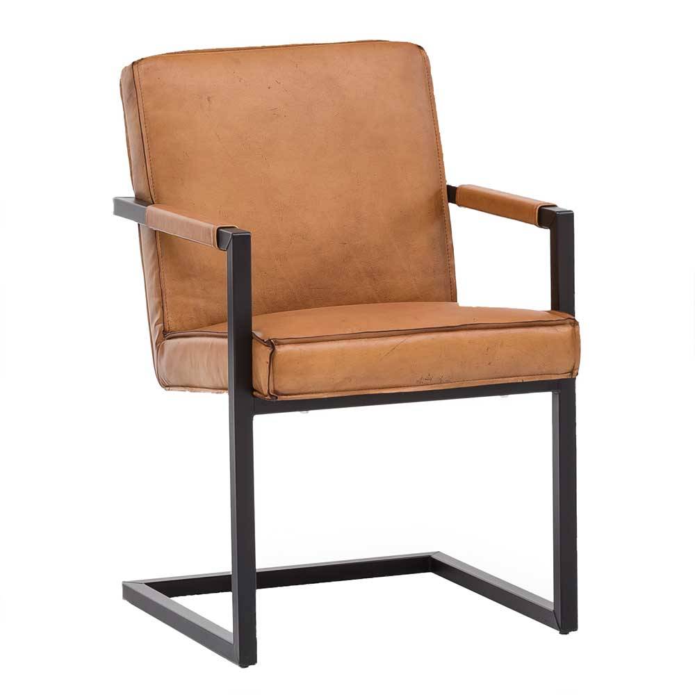 Massivio Freischwinger Stühle aus Echtleder und Metall Armlehnen (2er Set)