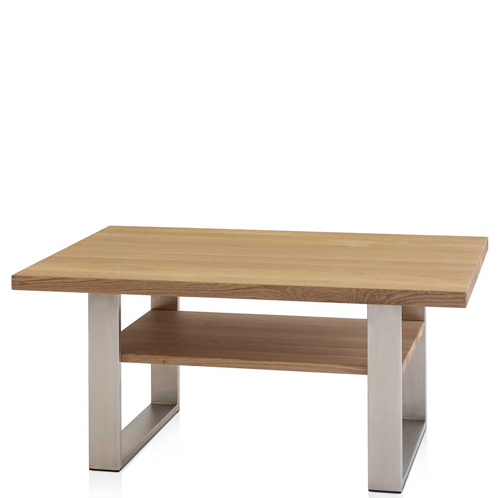 Massivio Sofa Tisch aus Wildeiche Massivholz und Edelstahl 90 cm breit