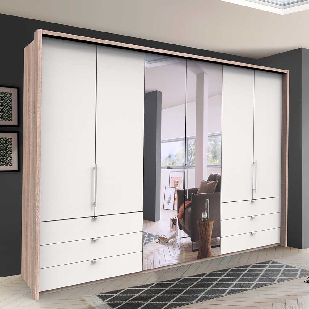 Franco Möbel Schlafzimmerschrank mit Spiegel Falttüren und Schubladen glasbeschichtet