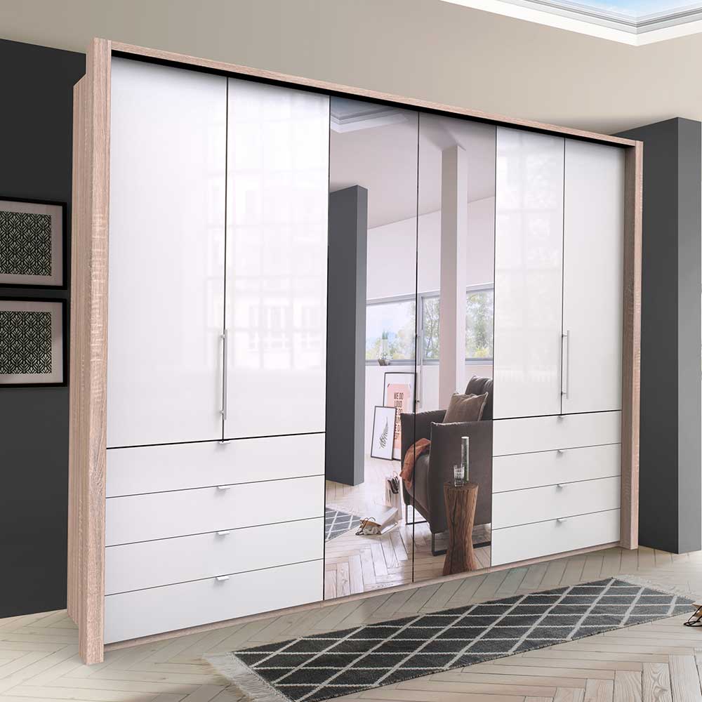 Franco Möbel Gleittüren Schlafzimmerschrank mit Spiegel und Schubladen glasbeschichtet