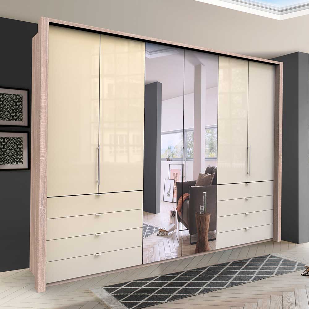 Franco Möbel Panorama Kleiderschrank mit drei Falttüren Spiegel und Schubladen glasbeschichtet