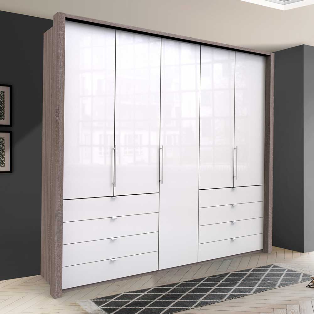 Franco Möbel Moderner Ankleideschrank mit acht Schubladen und drei Türen glasbeschichtet