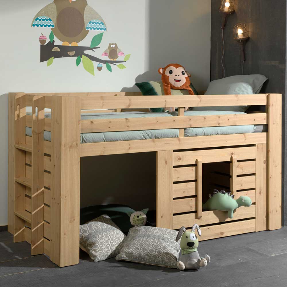 4Home Kinder Hochbett mit Leiter aus Kiefer Massivholz lackiert mit Leiter