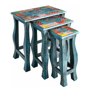 Möbel4Life Beistelltisch Set in Blau und Bunt Shabby Chic Design (dreiteilig)