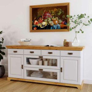 Massivio Landhaus Sideboard Schubladen mit Glasfront 2 türig