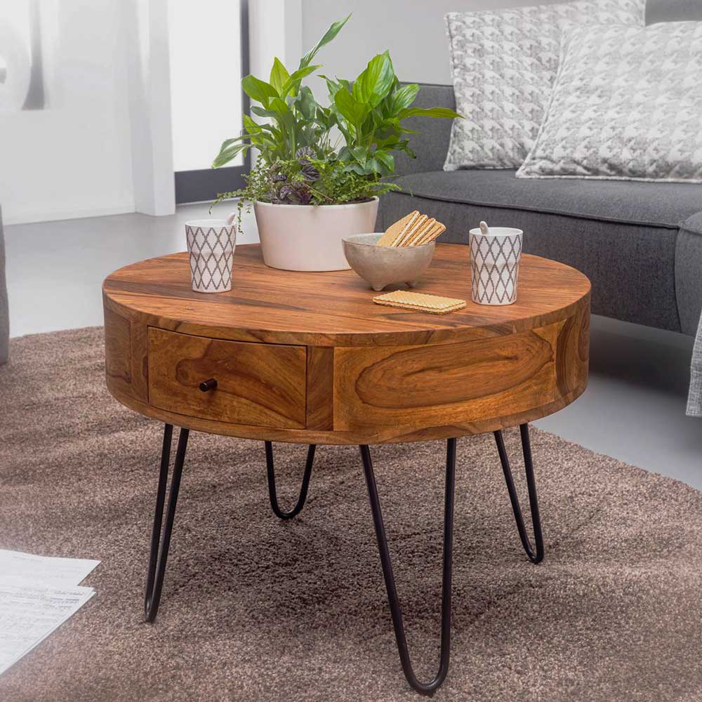 Möbel4Life Wohnzimmertisch aus Sheesham Massivholz und Edelstahl rund