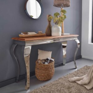 Möbel4Life Konsolen Tisch aus Sheesham Massivholz Edelstahl in Silberfarben