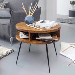 Möbel4Life Rundtisch aus Sheesham Massivholz und Edelstahl 60 cm breit