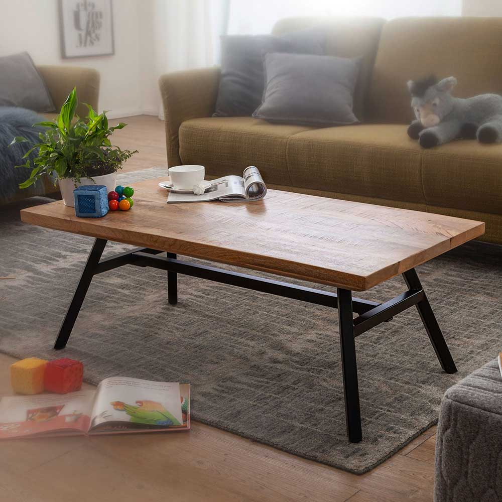 Möbel4Life Wohnzimmer Tisch aus Mangobaum Massivholz und Edelstahl 110 cm breit