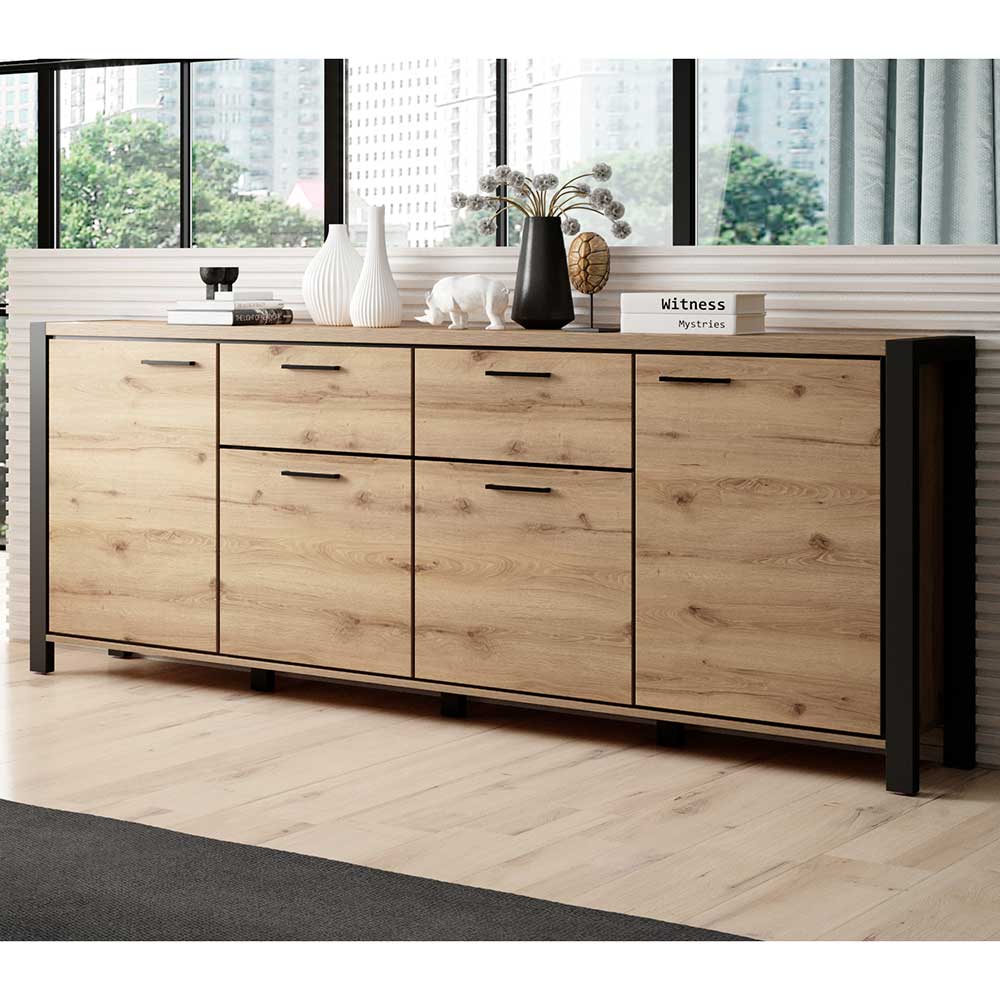 4Home XXL Sideboard im Industriestil Wildeichefarben und Schwarz