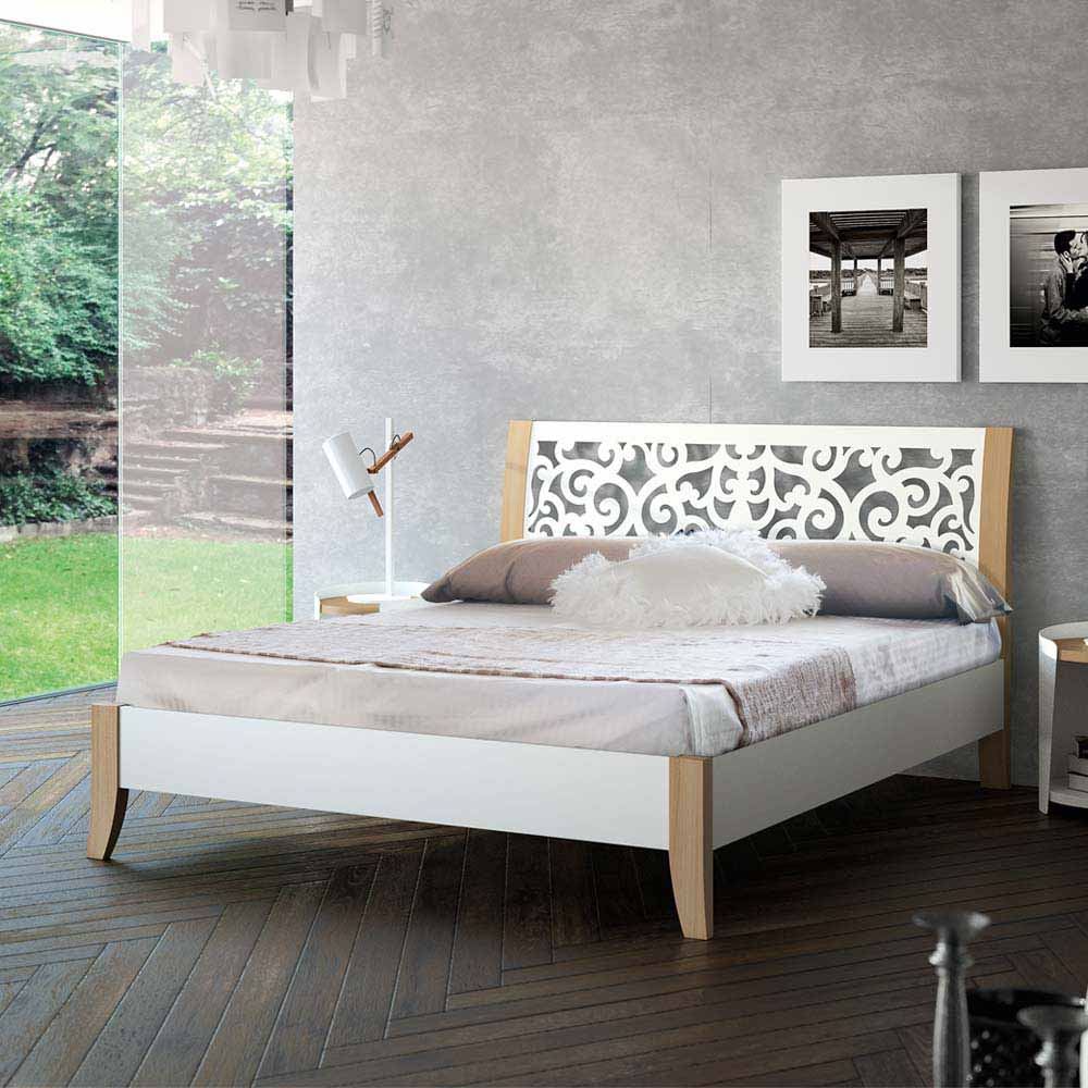 Violata Furniture Metallbett in Weiß mit Eiche Bianco