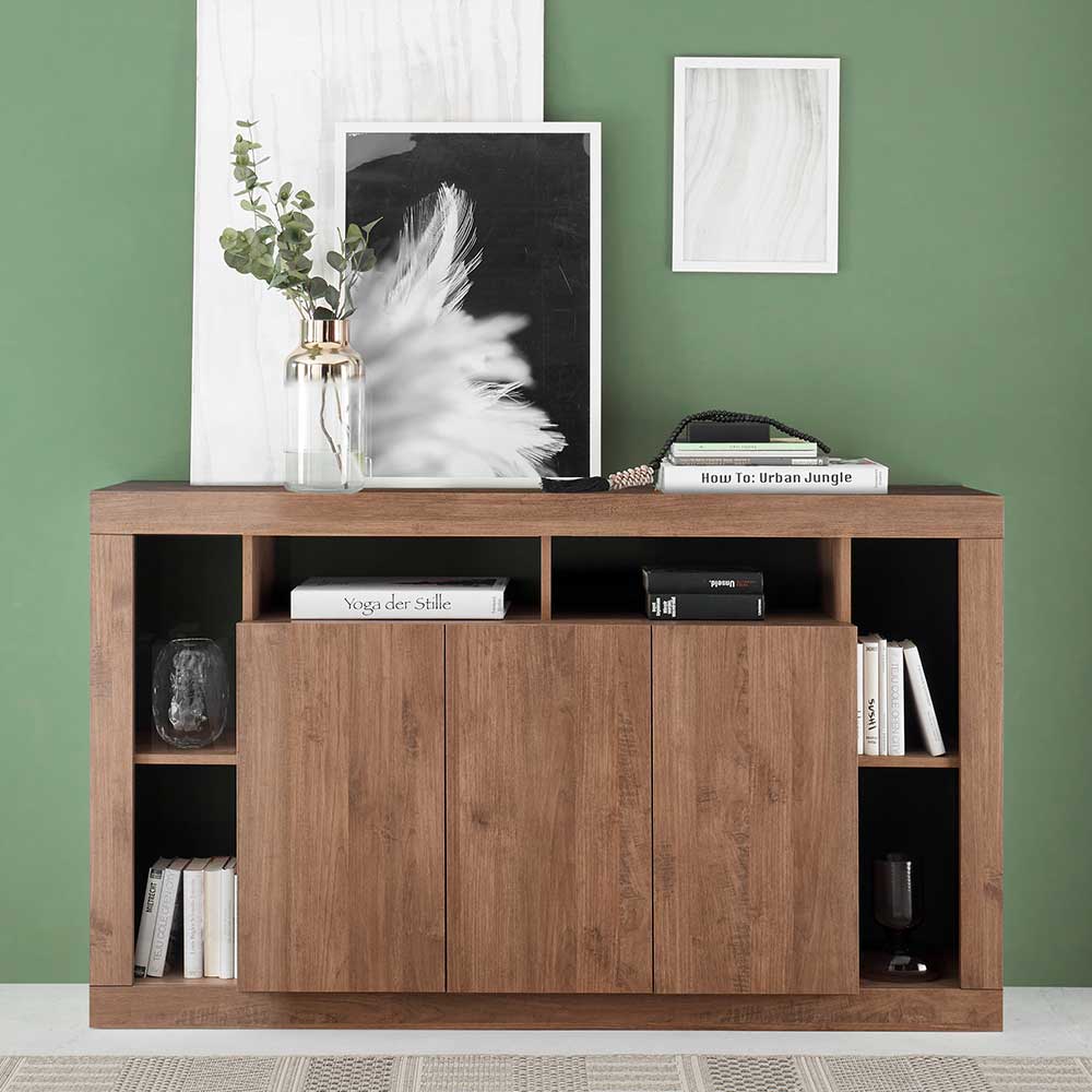 Homedreams Holzoptik Sideboard in modernem Design Drehtüren und offenen Fächern