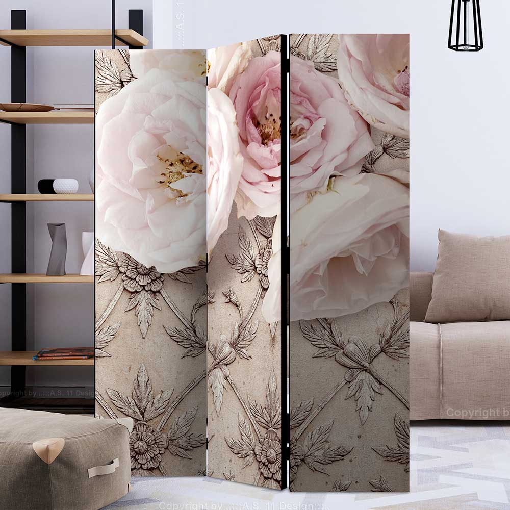 4Home Paravent Umkleide in Beige und Rosa Rosen Motiv