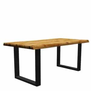 Natura Classico Tisch mit Baumkante und Bügelgestell Eiche Massivholz und Metall