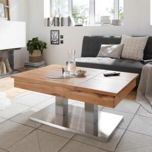 TopDesign Verstellbarer Couchtisch mit Staufach Asteiche und Silberfarben