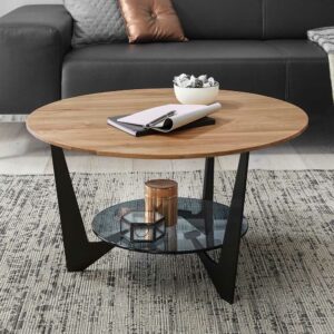 TopDesign Sofa Tisch mit Ablage aus Eiche Massivholz Sicherheitsglas